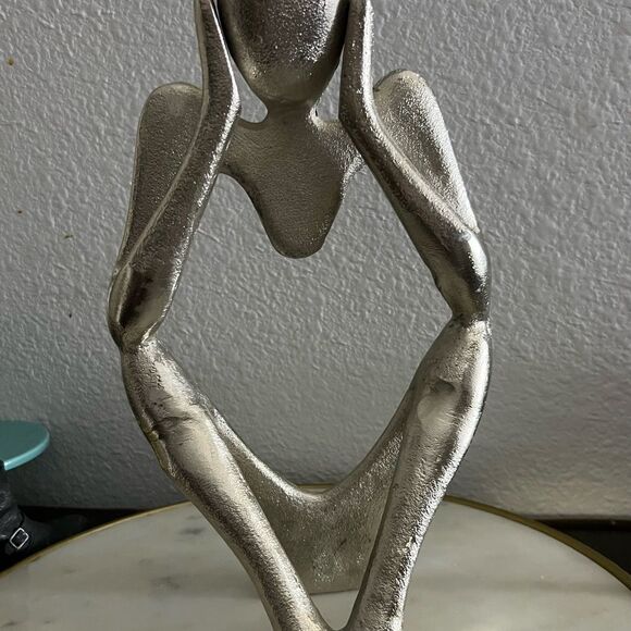 Abstract Thinking Human Figurine Art Deco Metal Sculpture Minimalist Silver Tone - Picture 1 of 5